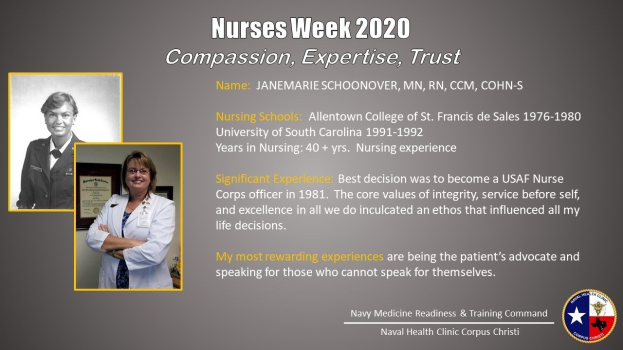 Plakat zur Nurses Week 2020 mit zwei Fotos von Pflegern auf der linken Seite und dem Text "Mitgefühl, Expertise, Vertrauen" auf der rechten Seite sowie einem Logo in der rechten unteren Ecke.