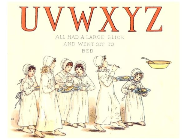 Eine Gruppe von Menschen hält Teller mit Essen, eine Schüssel und einen Löffel, mit Text oben: "Uwxyz - Alle hatten ein großes Stück und gingen ins Bett."