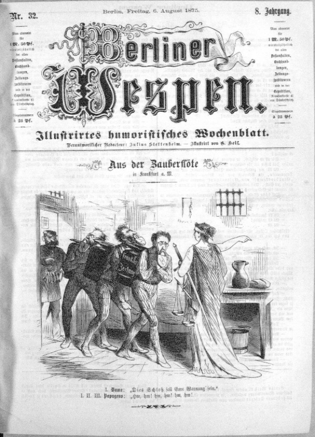 Altes Schwarz-Weiß-Zeitungsfoto vom 'Berliner Wespen, 6. August 1875' mit einer Gruppe von Menschen in Not, einige schauen ängstlich nach oben, andere verwirrt nach unten.